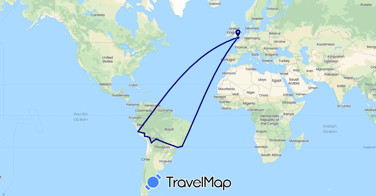 TravelMap itinerary: driving in Bolivia, Brazil, United Kingdom, Peru (Europe, South America)
